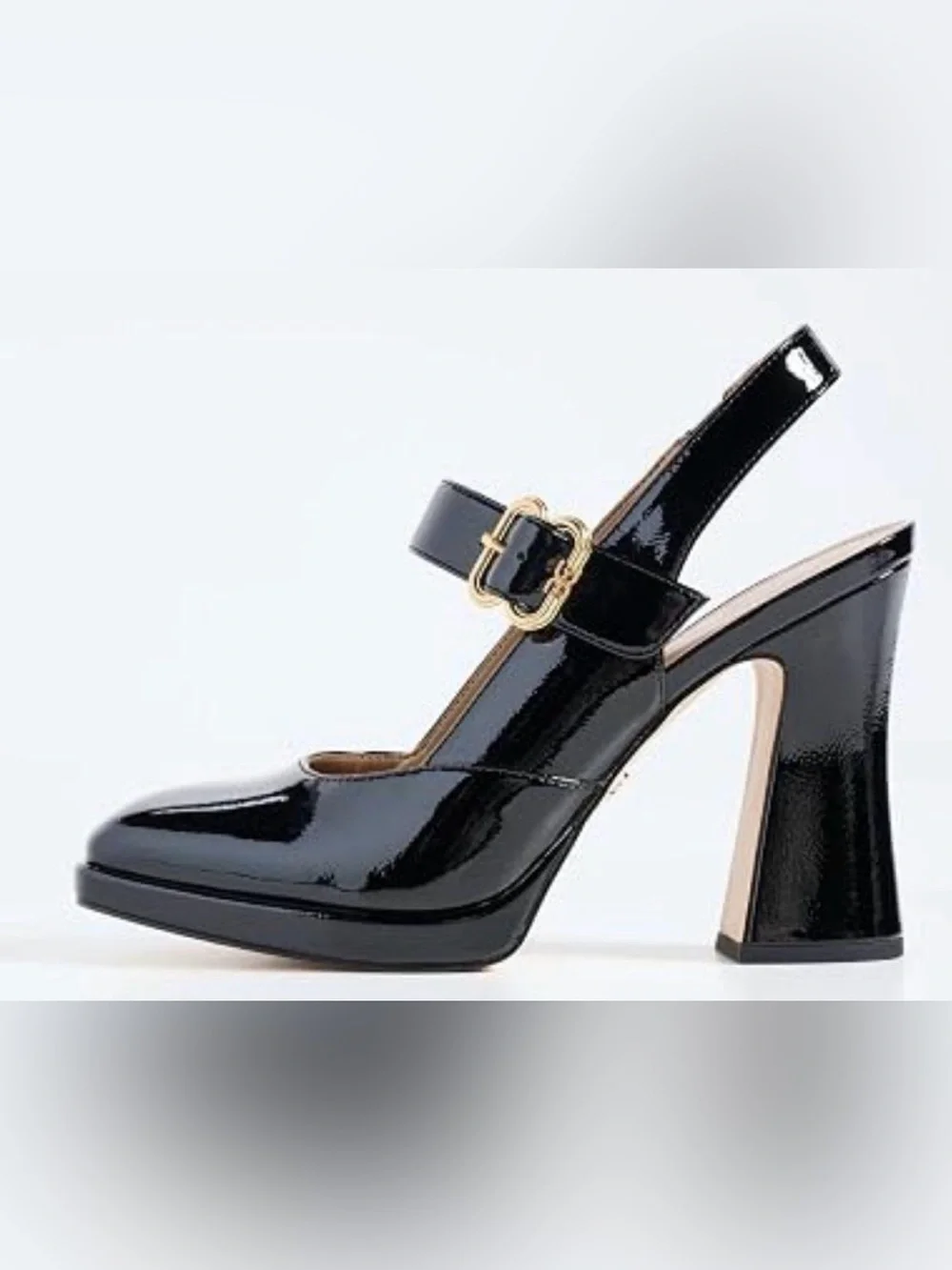 Sam Edelman Patent Black Mary Jane Slingback Block Heel with Gold Buckle Sz 7.5